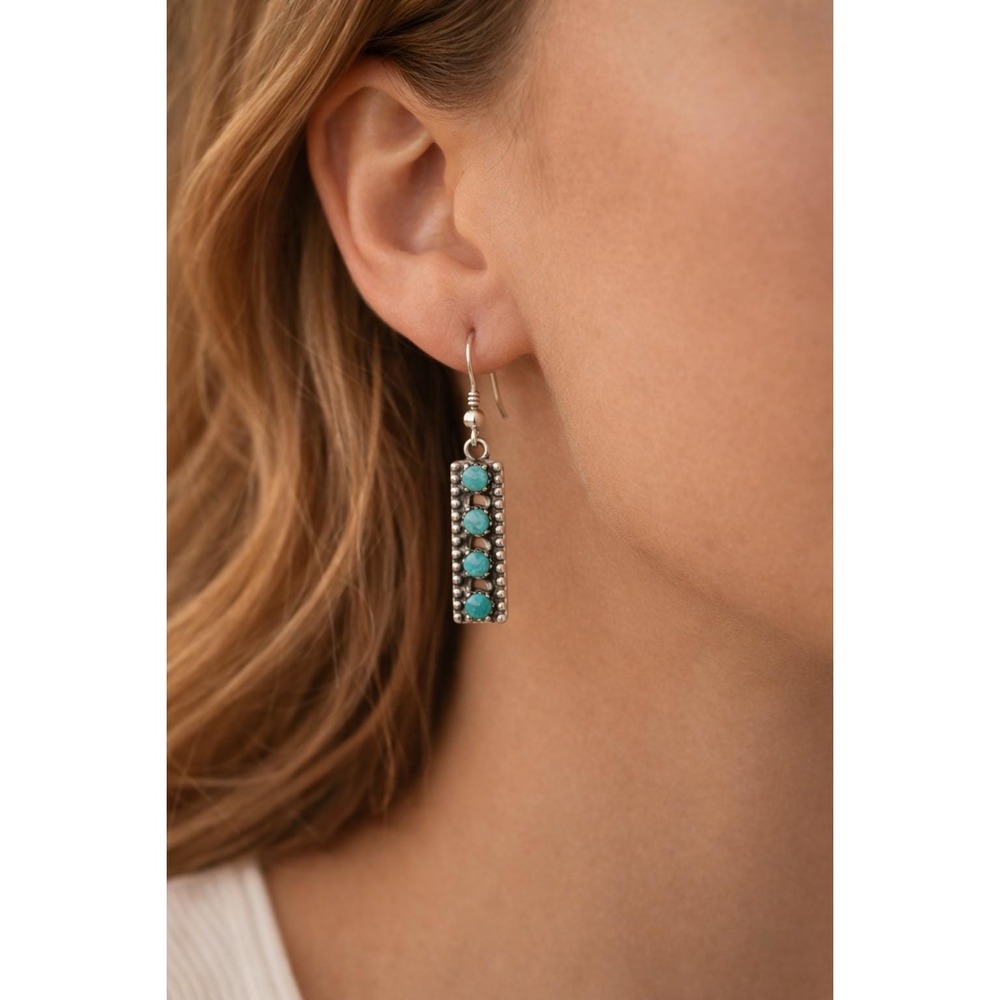 Sterling Silver Turquoise Dangle Earrings Southwestern Petit Point Bar Vintage